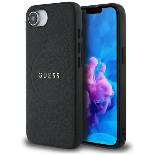 Guess Grained Ring telefono dėklas su MagSafe palaikymu iPhone 16e juodas