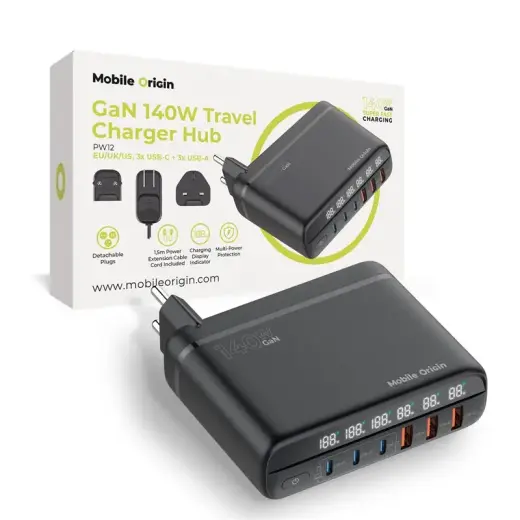 Mobile Origin GaN 140W Travel Charger Hub PW12 EU/UK/US, 3x USB-C + 3x USB-A