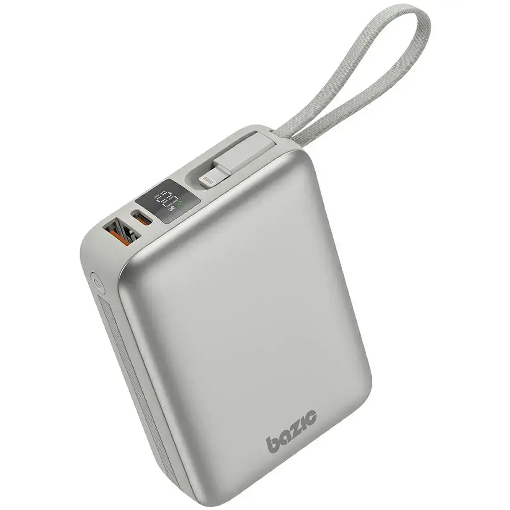 Bazic Fusion Mini ārējais akumulators (powerbank) | 20000 mAh | 22W | USB-C, Lightning, USB-A | LED ekrāns | pelēks