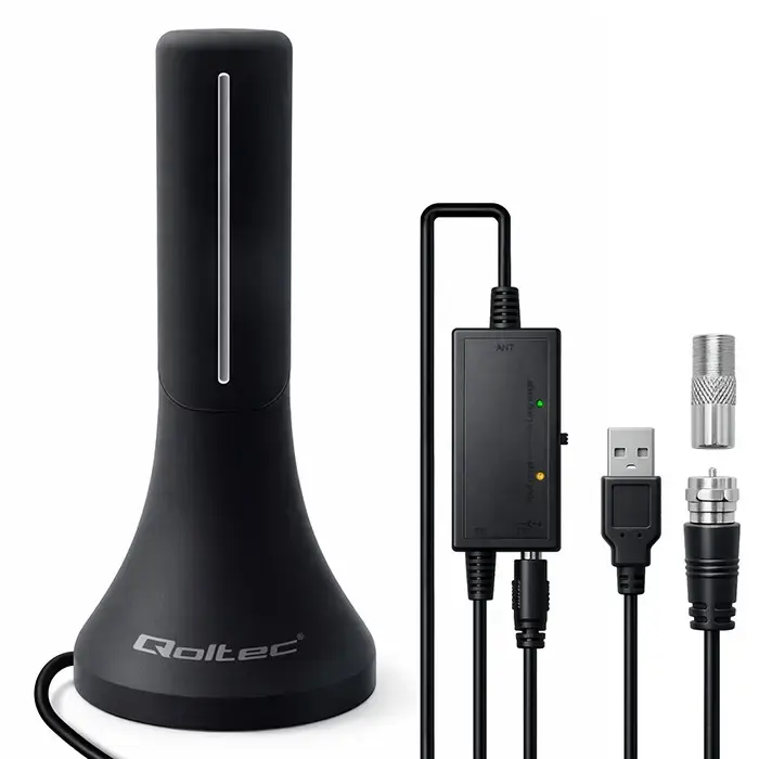 Qoltec Internal High-Power DVB-T/T2 TV Antenna | signal amplifier | 4K | high gain 32dBi | 360º | 4m