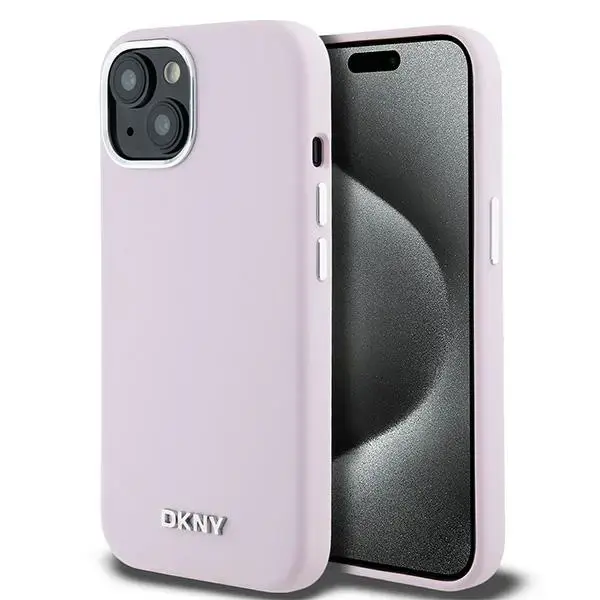 DKNY DKHMP15SSMCHLP Liquid Silicone Small Metal Logo maciņš ar MagSafe atbalstu telefonam iPhone 15 | iPhone 14 | iPhone 13 rozā