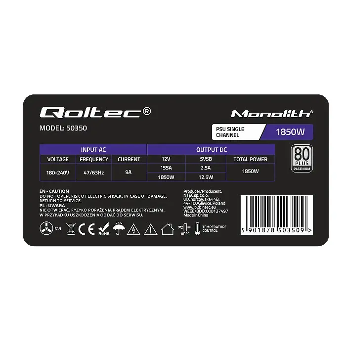 Qoltec POWER SUPPLY 1850W PCI-E| 80 Plus Platinum | Data mining