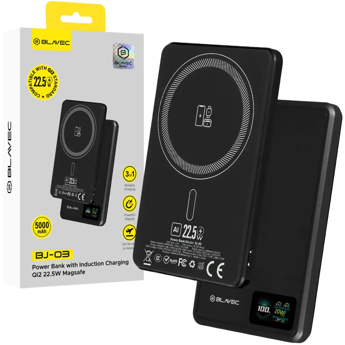 Blavec BJ-03 Ultra Slim 7,8mm (PBBJ03-MC5B) ārējais akumulators (powerbank) | 5 000 mAh | 22.5W | USB-C, MagSafe | melns