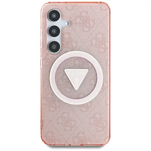Guess 4G Glitter Triangle Buttons MagSafe чехол для телефона для Samsung Galaxy S25 Ultra розовый