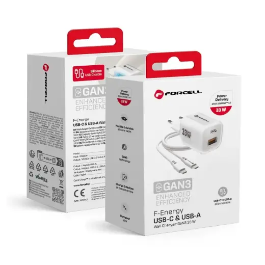 Forcell F-Energy Crystal Color VT-41 tīkla lādētājs | 33W | PD, QC, GaN | USB-C, USB-A | ar USB-C uz USB-C vadu komplektā | balts