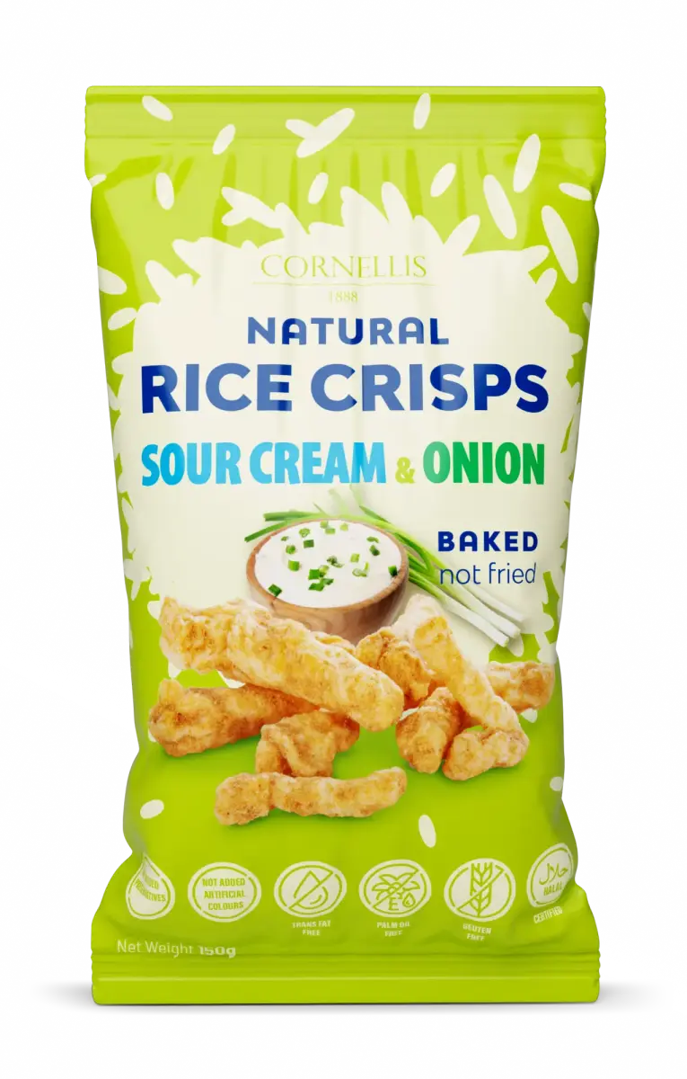 Rīsu uzkoda CORNELLIS 1888, ar skābo krējumu un sīpolu garšu, 150g
