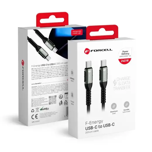 Forcell F-Energy C263 duomenų perdavimo ir įkrovimo laidas | USB-C į USB-C | QC 4.0, PD | 240W | 2m | juodas