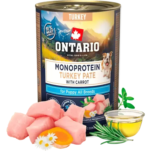Konservi kucēniem - Ontario Dog Puppy canned food, monoprotein turkey pate with carrots, 400 g