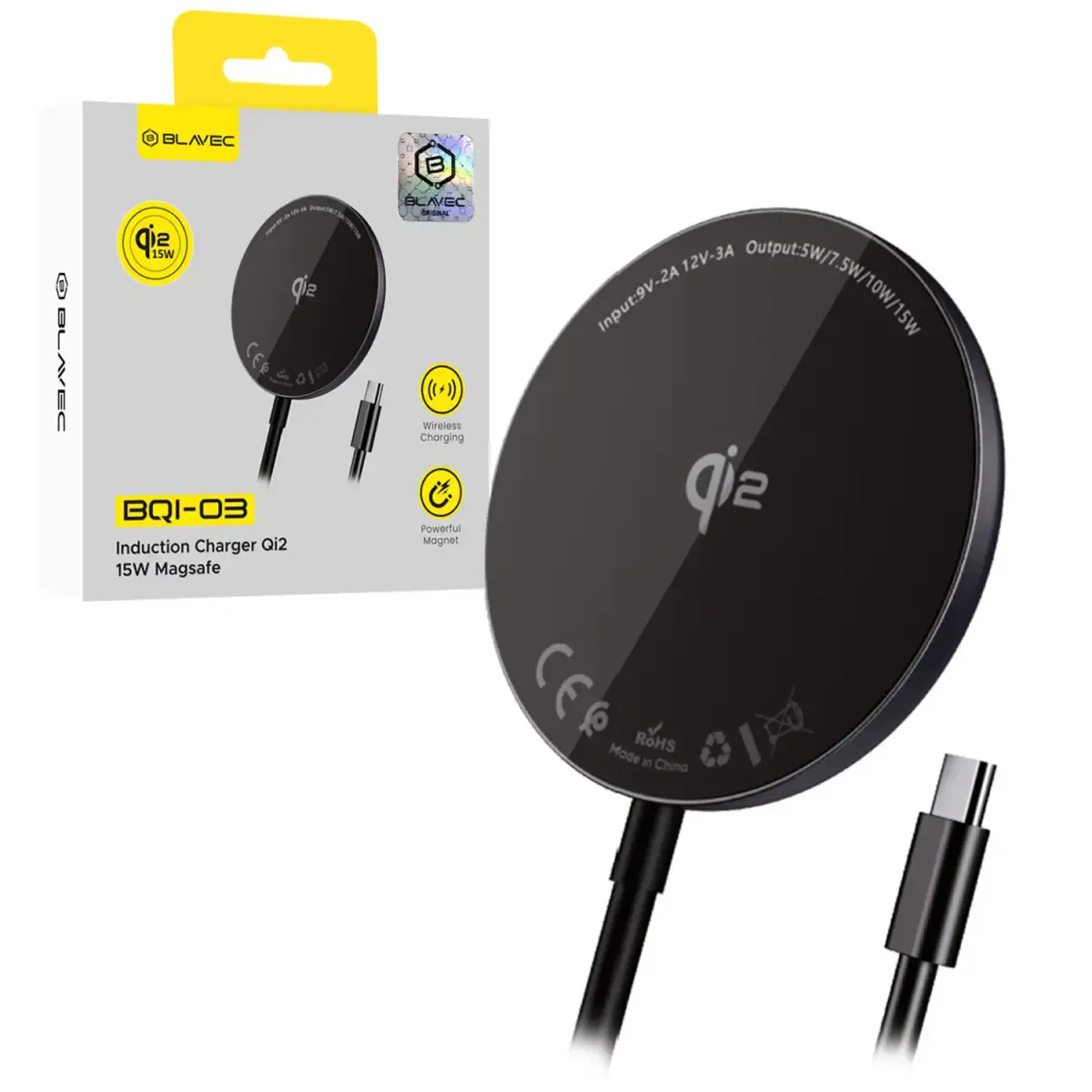 Blavec BQI-03 bezvadu lādētājs | Qi 2 | Saderīgs ar MagSafe | 15W | melns