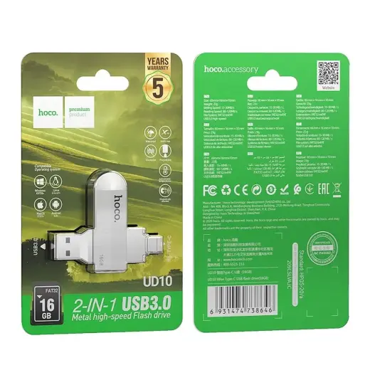 Pendrive 16GB USB 3.0 (USB A + USB C) Hoco UD10 silver