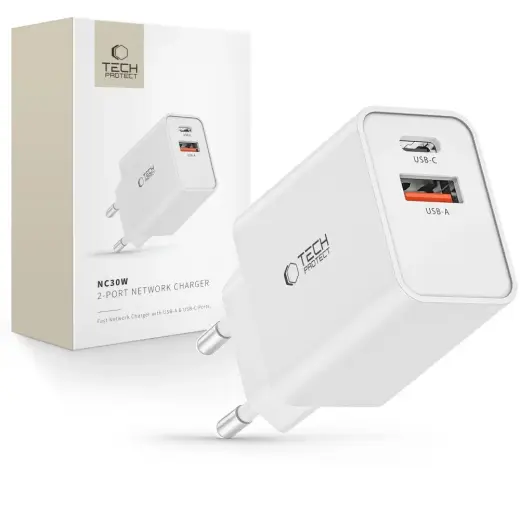 Tech-Protect NC30W travel charger | 30W | PD, QC3.0 | USB-C, USB-A | white
