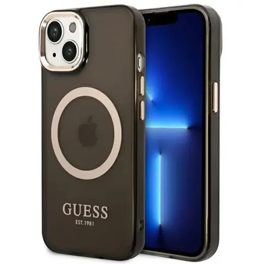 Guess GUHMP14SHTCMK iPhone 14 | 15 | 13 6.1" czarny|black hard case Gold Outline Translucent MagSafe