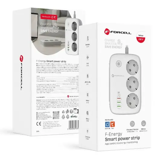 Power strip Forcell F-Energy 3 sockets + USB C 30W + 3 x USB A QC3.0 PD + WiFi Tuya, SmartLife, Alexa 10A 2500W VT-PS03 white