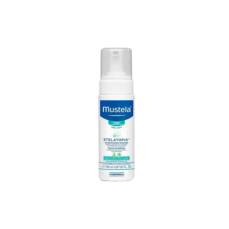 Stelatopia Foam Shampoo for Gently Cleans & Soothes Sensations of Itchy Skin. Features   A unique shampoo with a tear-free formula; Specifically developed for baby scalp with extremely dry skin; Produces a soft, creamy foam for gentle cleansing & easy rinsing; Helps restore the hydrolipidic film & respects the balance of the scalp; Instantly soothes & reduces sensation of discomfort; Dermatologist-tested;  Specifications    Capacity:  5.07 oz;.