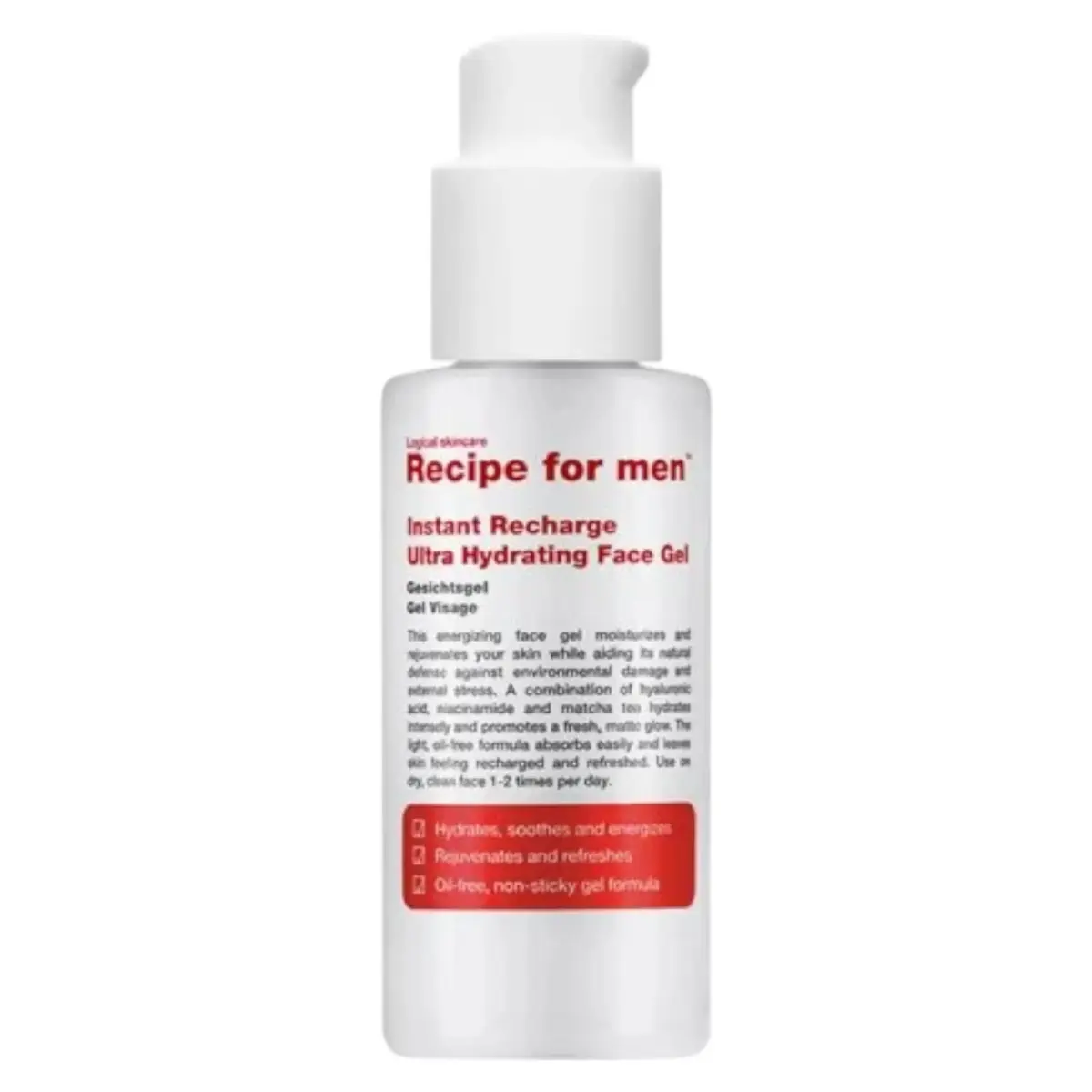 Recipe For Men, Instant Recharge, Hyaluronic Acid, Moisturizes, Gel, Face, 75 ml