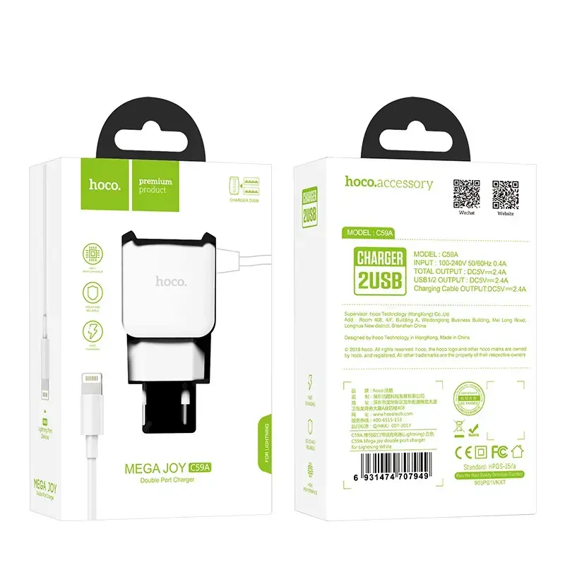 Hoco C59A Universal Travel Charger 2 x USB | 5V | 2.4A + Lightning Cable 1M White