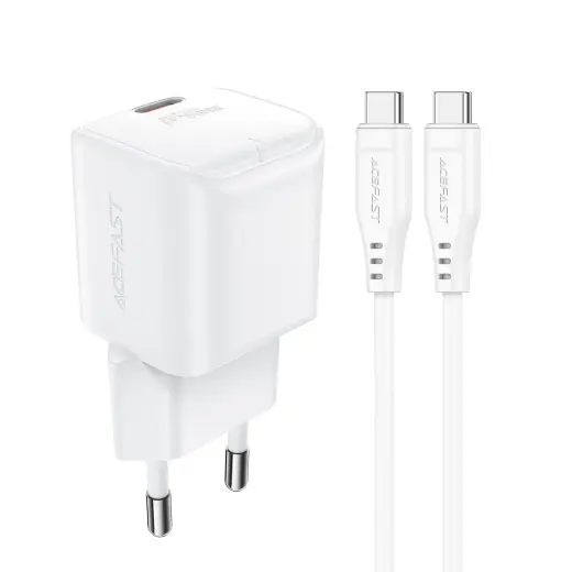 Acefast A77 travel charger | 30W | PD, GaN | USB-C | with USB-C cable included | white