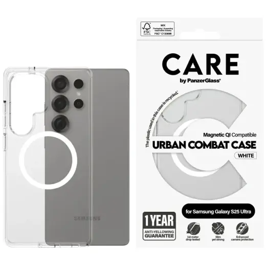 Etui CARE by PanzerGlass Flagship Urban   Combat QI do Samsung Galaxy S25 Ultra przezroczysty-biały