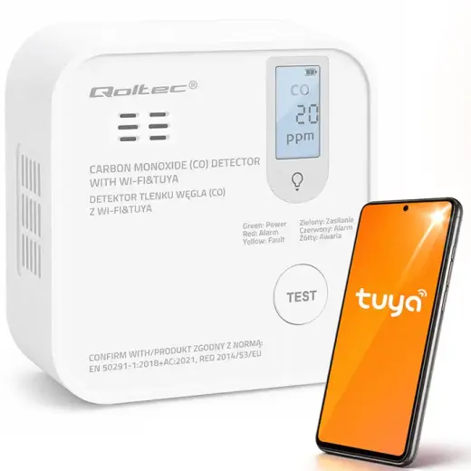 Qoltec Certified wireless Carbon monoxide (CO) sensor with battery | CO detector | TUYA | Wi-Fi | sensor service life 10-years | 85dB alarm | LED
