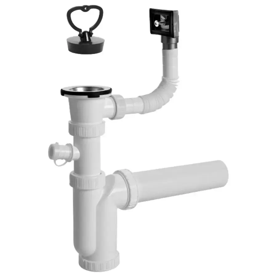 PLASTBRNO Kitchen sink bottle siphon 1 1/2X50mm with drain, overflow, washing machine connection