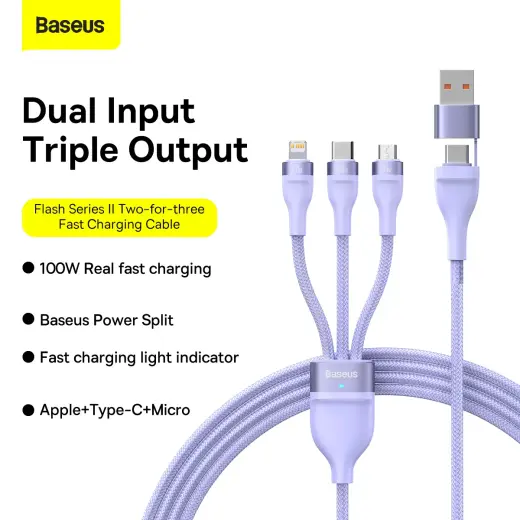 Baseus Flash Series II 3-in-1 data transfer and charging cable | USB-A to USB-C, Lightning, Micro USB | 100W | 1.2m | purple