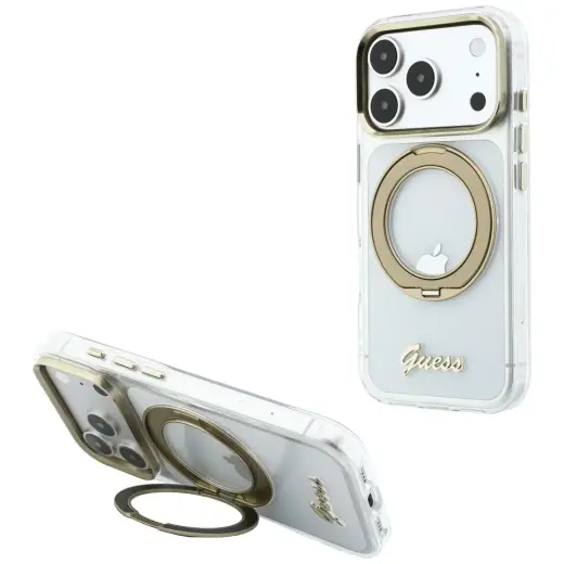 Guess IML Ring Stand 360 Script Metal Logo MagSafe Case for iPhone 17 Pro / 18 Pro - Transparent