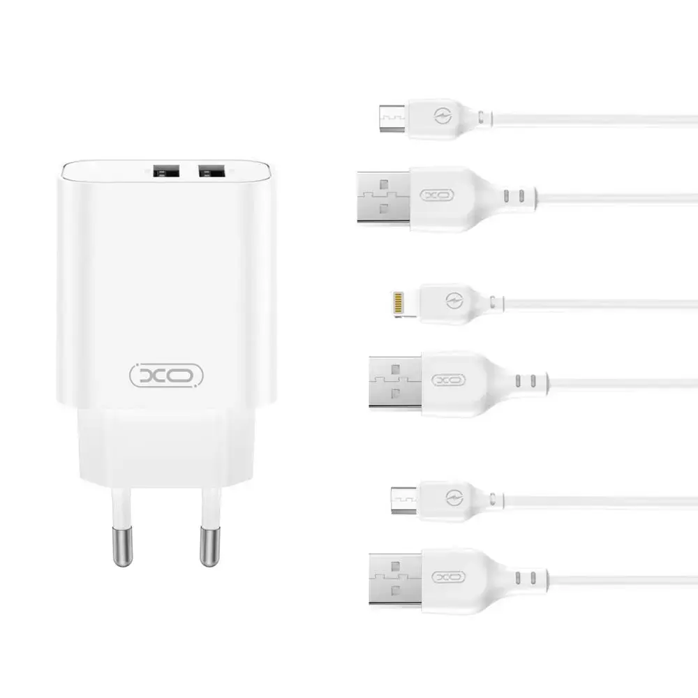 XO CE34 tīkla lādētājs | 12W | USB-A | ar Micro USB un Lightning vadu komplektā | balts