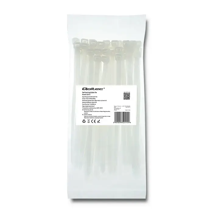 Qoltec Self-locking cable tie | 7.2*200mm | 50 pcs. | Nylon66 | UV | White