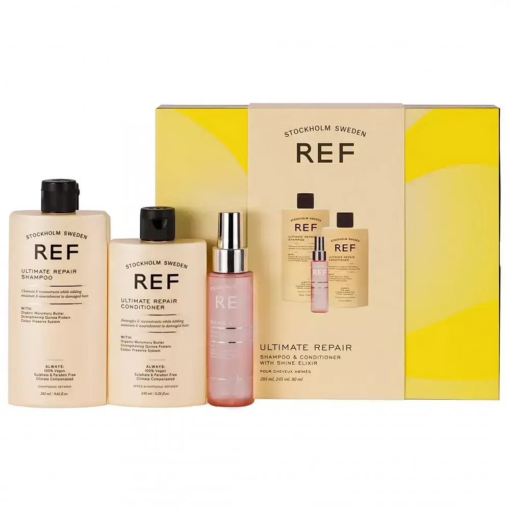 Gift Box Set Ref Stockholm: Ultimate Repair, Sulfates-Free, Hair Shampoo, Repairing & Strengthening, 285 ml + Ultimate Repair, Sulfates-Free, Hair Conditioner, For Hydrate/Detangle & Shine, 245 ml + Shine Elixir, Hair Serum, Softening, 80 ml
