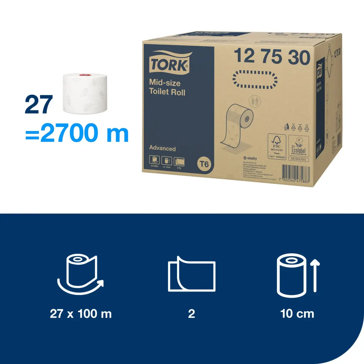 Tualetes papīrs TORK Advanced Compact T6, 2 sl., 9.9 cm x 100 m, baltā krāsā