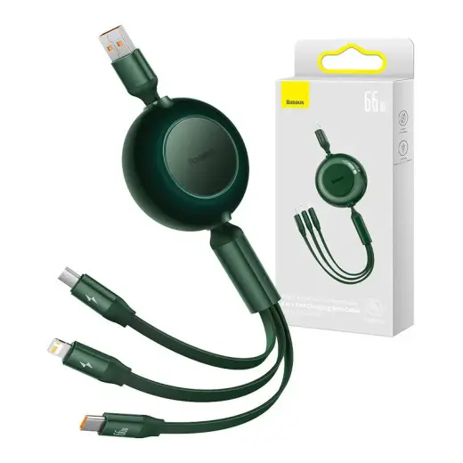 Baseus Bright Mirror 3 3-in-1 data transfer and charging cable | USB-A to Micro USB, USB-C, Lightning | 66W | 1.1m | green