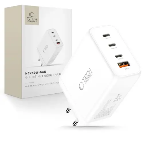 Tech-Protect NC240W-GaN reisilaadija | 240W | PD, QC, GaN | USB-C, USB-A | valge