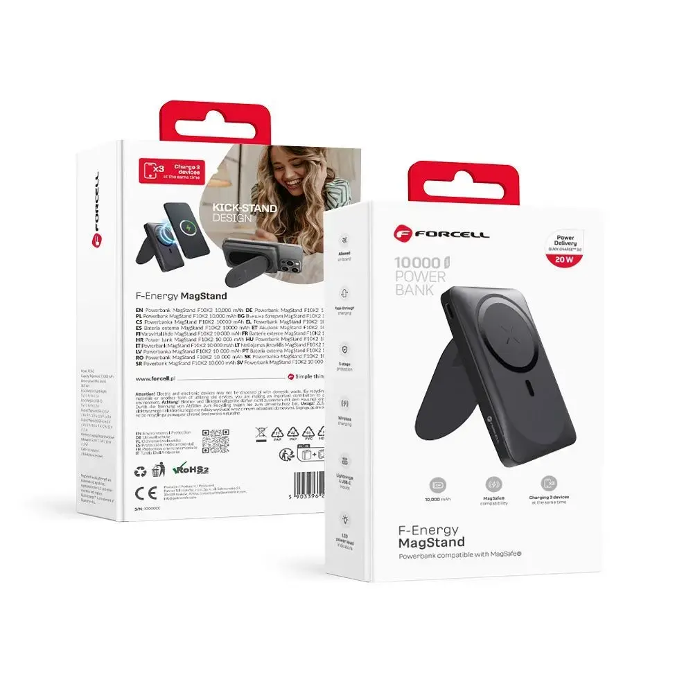 Forcell F-Energy MagStand ārējais akumulators (powerbank) | 10 000 mAh | 20W | PD, QC | USB-C, USB-A, MagSafe | melns