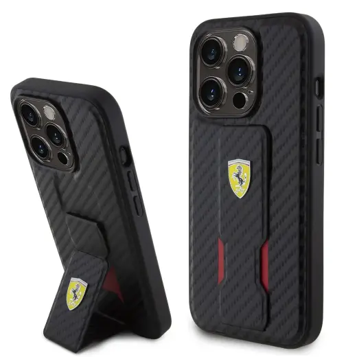 Ferrari Carbon Grip Stand Case for iPhone 15 Pro Black