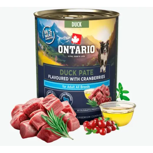 Konservi suņiem – Ontario Adult Duck Pate Flavoured with Cranberries, 800 g