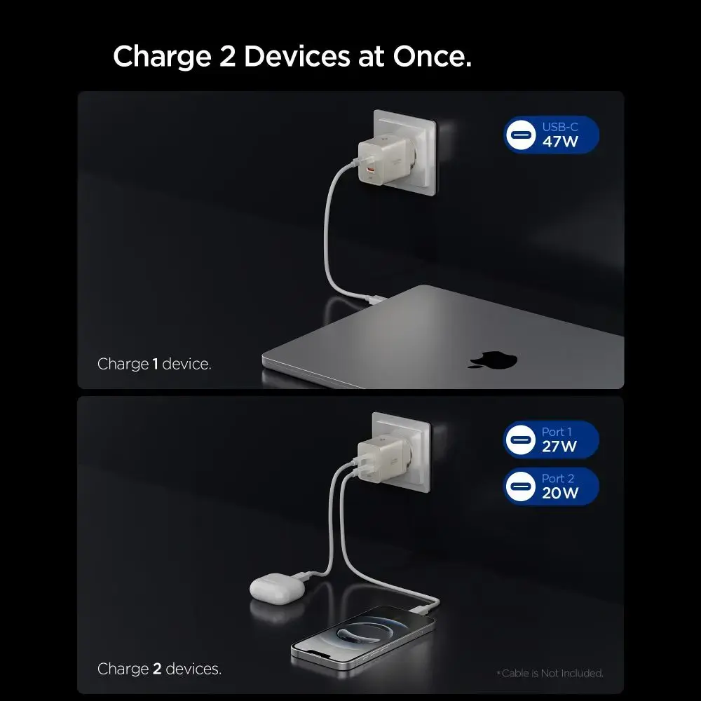 Spigen EE472EU-GAN tīkla lādētājs | 47W | GaN | USB-C, USB-A | pelēks