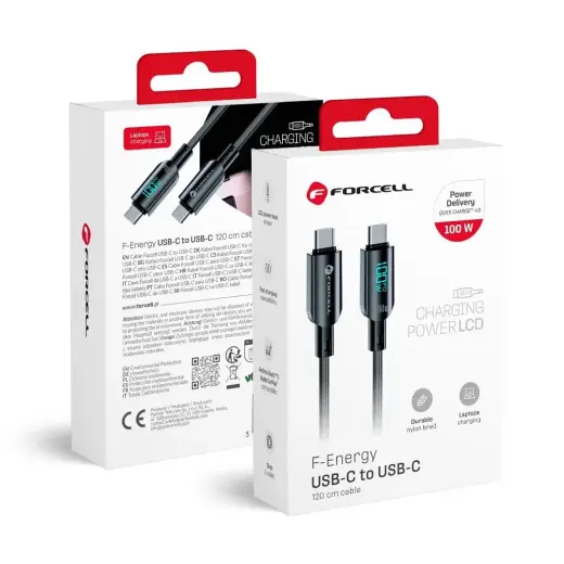 Forcell C277 datu pārraides un uzlādes vads | USB-C uz USB-C | QC 4.0, PD | 100W | ar LED ekrānu | 1.2m | melns