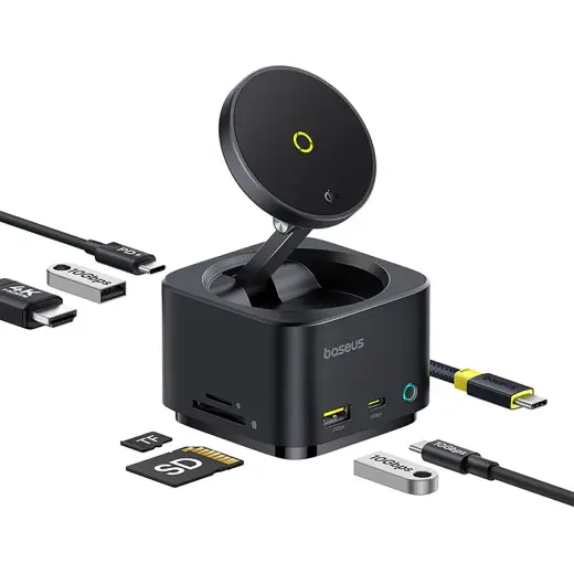 Baseus MagPro Series II 7-in-1 USB-C Hub with MagSafe-compatible Charger 15W + HDMI + USB-A + USB-C + SD|TF - Black
