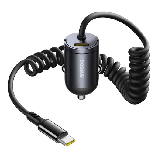 Ładowarka samochodowa Baseus Tiny Star 30W z wbudowanym spiralnym kablem USB-C - czarna