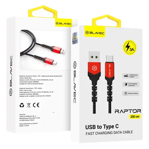 Blavec Raptor datu pārraides un uzlādes vads | USB-A uz USB-C | 15W | 2m | melns, sarkans