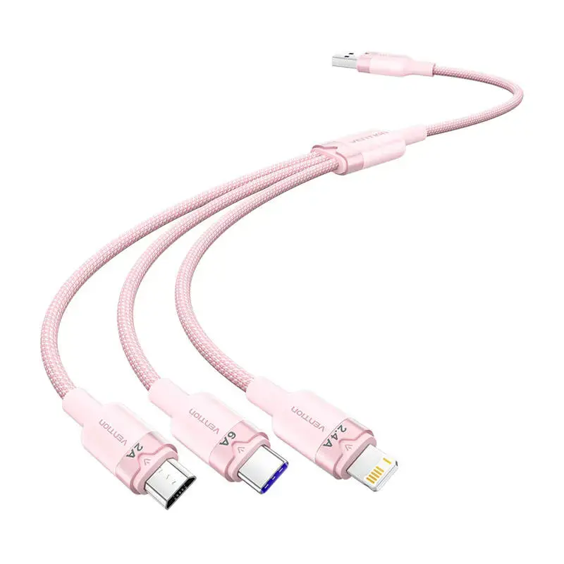 Vention CTRPG 3-in-1 data transfer and charging cable | USB-A to USB-C/Lightning/Micro USB | 120W | 1.5m | pink
