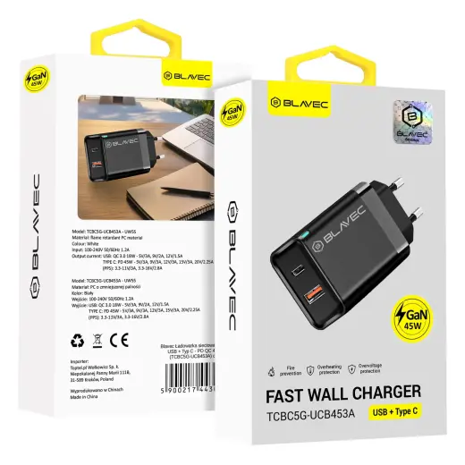 Blavec Wall charger BC5 GaN - USB + Type C - PD QC 45W 3A (TCBC5G-UCB453A) black