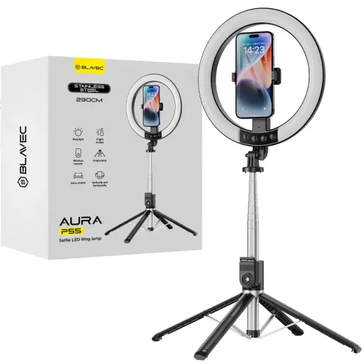 Blavec Selfie Ring lamp Aura LED Ring P55 25cm tripod + remote control + 2,3 metres (RLP55-TRB23) black