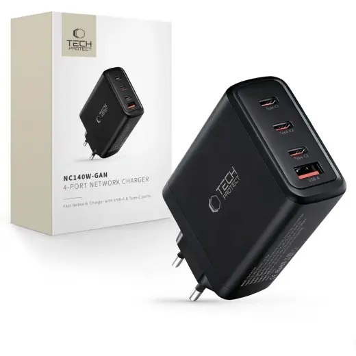 Tech-Protect NC140W-GaN reisilaadija | 140W | PD, QC, GaN | USB-C, USB-A | must