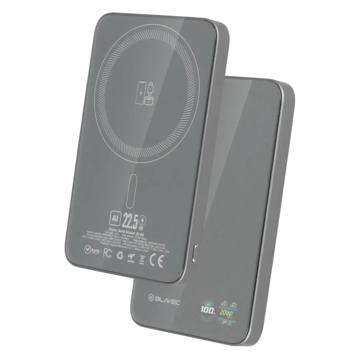 Blavec BJ-04 Ultra Slim 7,8mm ārējais akumulators (powerbank) | 5000 mAh | 22.5W | USB-C, MagSafe | LED ekrāns | pelēks