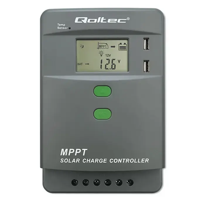 Qoltec Solar Charge Controller MPPT with Temperature Sensor 10A | 12V / 24V | LCD | 2 x USB | GEL | LiFePO4
