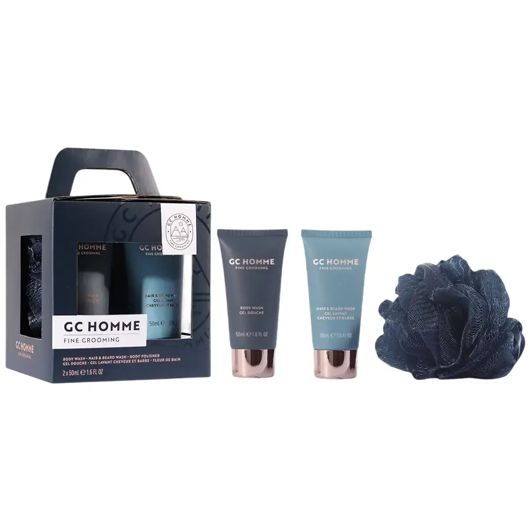 Set The Luxury Bathing Company: GC Homme, Cleanse & Scrub, Body Sponge + GC Homme, Cleansing & Refreshing, Shower Gel, For All Skin Types, 50 ml + GC Homme, Citrus & Aromatic, Shower Gel & Shampoo 2-In-1, 50 ml
