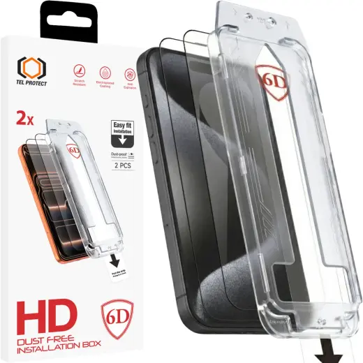 Tel Protect Dust-Free Easy Fit Full Glue 6D Tempered Glass for Iphone 16 Pro Max black - 2 pieces