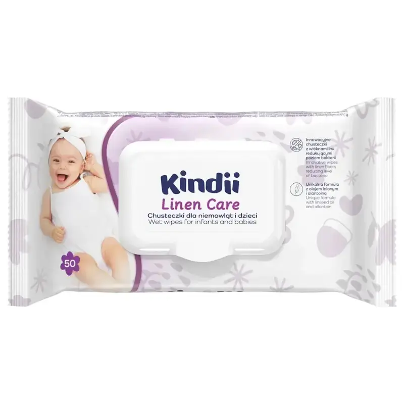 Mitrās salvetes mazuļiem Kindii Linen Care 50 gab. pop-up
