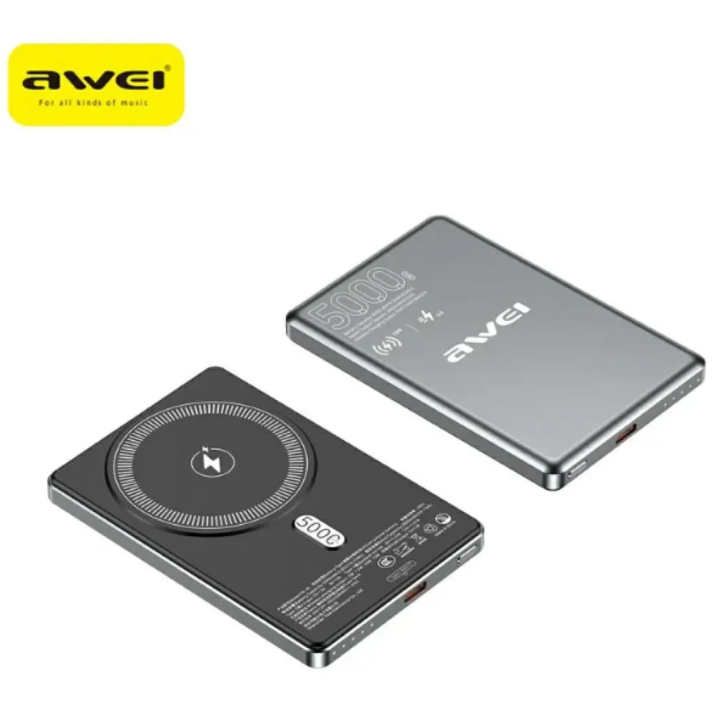 Awei PA-30 ārējais akumulators (powerbank) | 5000 mAh | 15W | USB-C, MagSafe | pelēks